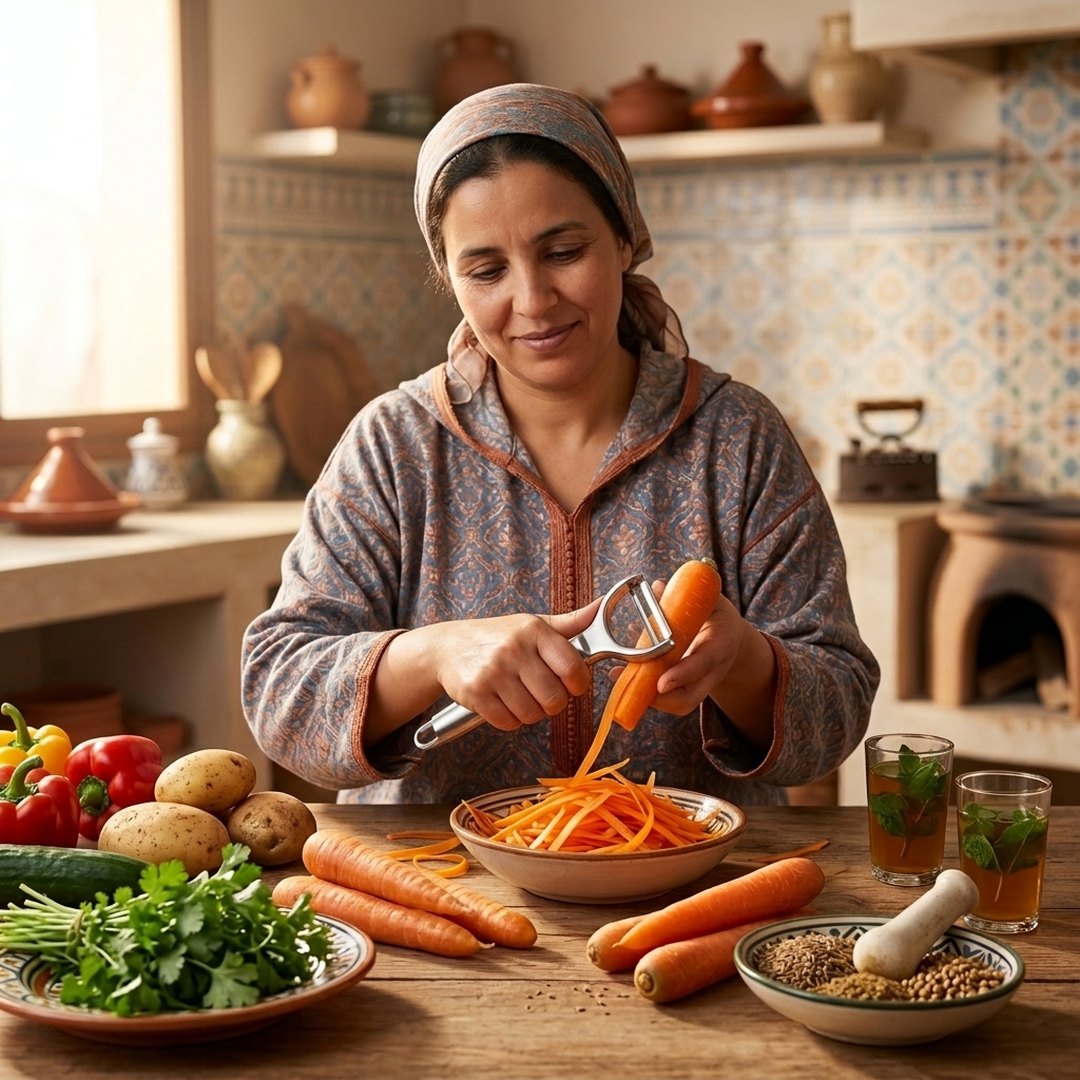 Generated lifestyle creative — a woman using a julienne peeler on vegetables in a Moroccan kitchen
