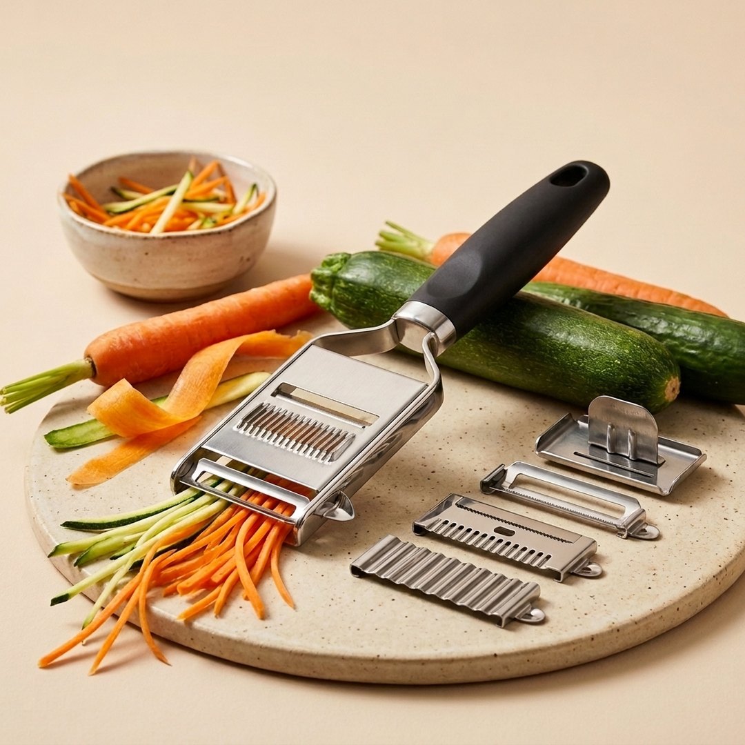 Generated product creative — a julienne peeler with fresh vegetables on a clean studio background