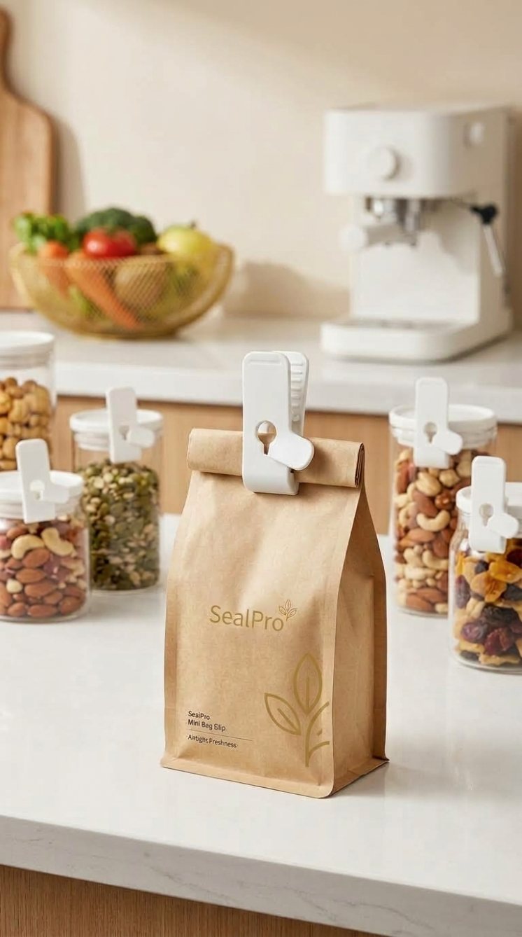 Generated 9:16 ad scene — SealPro-branded kraft bag sealed shut beside jars of nuts and seeds