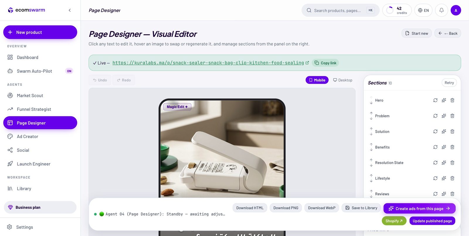 Page Designer — the visual editor with a live Darija landing page